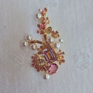 Swarovski Gold-Tone Pink Crystal & Pearl Floral Brooch